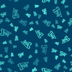 Green line Classic Metronome with pendulum in motion icon isolated seamless pattern on blue background. Equipment of music and beat mechanism. Vector