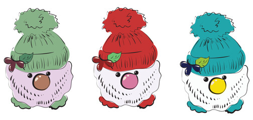 Three cute cartoon chubby multi-colored gnomes in hats and with a beard. New Year's people. Ideal for cards, posters, prints, fabric, textile decoration. Vector image.