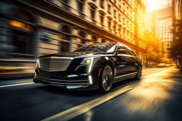 Luxurious Black Limousine Speeding Through the City Streets Generative AI