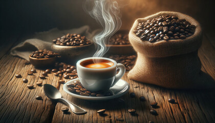 White cup of hot coffee on a saucer and accompanied by scattered whole coffee beans and burlap on rustic wooden table
