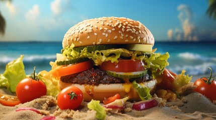 Hamburger with salad on the beach