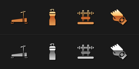 Set Treadmill machine, Fitness shaker, Bench with barbel and Smart watch on hand icon. Vector