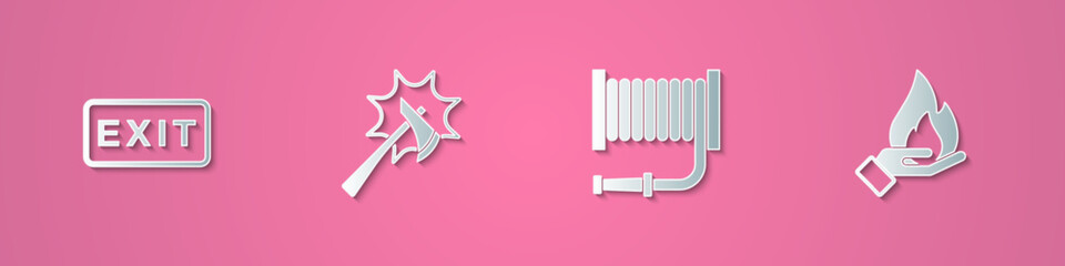 Set paper cut Fire exit, Firefighter axe, hose reel and Hand holding fire icon. Paper art style. Vector