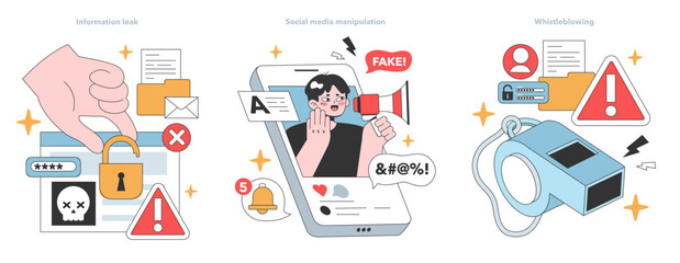 Digital Threats set. Information leak with a security breach, deceitful social media misinformation, and a bold act of whistleblowing. Contemporary dangers in the online era. Flat vector illustration - obrazy, fototapety, plakaty