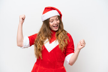 Fototapeta na wymiar Young caucasian woman with Christmas dress isolated on white background celebrating a victory