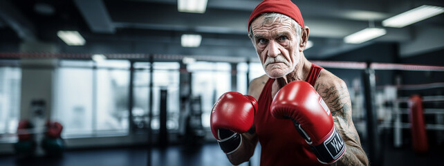 An old man boxer on guard wearing a red tank top and boxe gloves in a combat gym. - obrazy, fototapety, plakaty