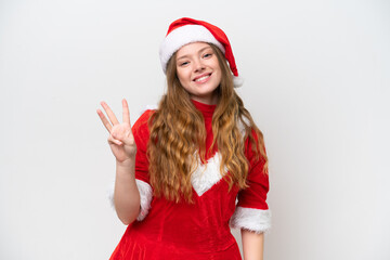 Young caucasian woman with Christmas dress isolated on white background happy and counting three with fingers