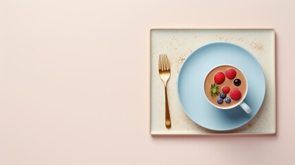  a blue plate topped with a bowl of fruit next to a fork and a bowl of strawberries on top of a blue plate next to a blue plate with a gold fork.