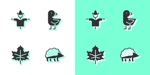 Set Hedgehog, Scarecrow, Leaf or leaves and Little chick icon. Vector