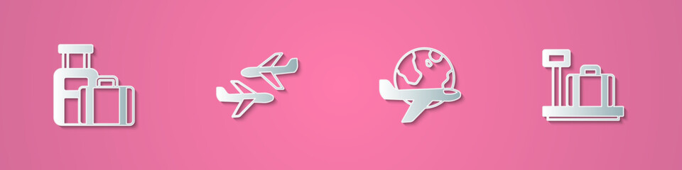 Set paper cut Suitcase, Plane, Globe with flying plane and Scale suitcase icon. Paper art style. Vector