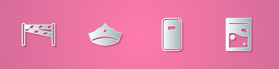 Set paper cut Crime scene, Police cap with cockade, assault shield and Plastic bag of drug icon. Paper art style. Vector