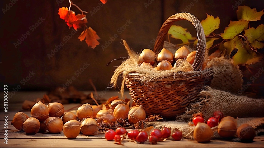 Wall mural Autumn still life with a basket of chestnuts and nuts and autumn leaves.