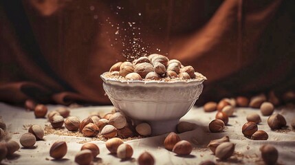 Whole hazelnuts in a bowl and scattered on the table - obrazy, fototapety, plakaty