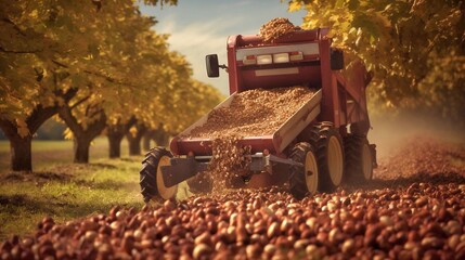 Combine harvester unloading harvested hazelnuts on a farm - obrazy, fototapety, plakaty