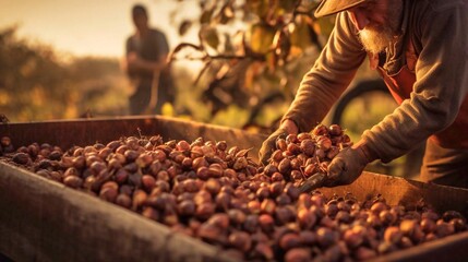 Harvesting of coffee beans in the countryside. Selective focus. - obrazy, fototapety, plakaty
