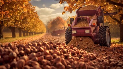 Harvesting of chestnuts with a tractor and a trailer. - obrazy, fototapety, plakaty
