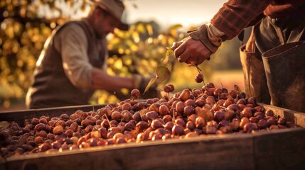 Farmers harvested hazelnuts on the farm in autumn, harvest time - Powered by Adobe