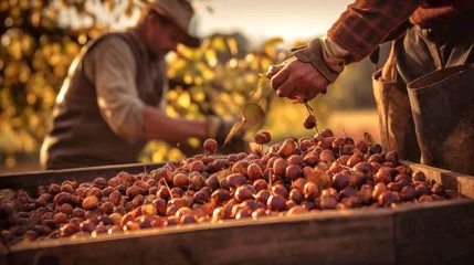 Poster Farmers harvested hazelnuts on the farm in autumn, harvest time © Oleh