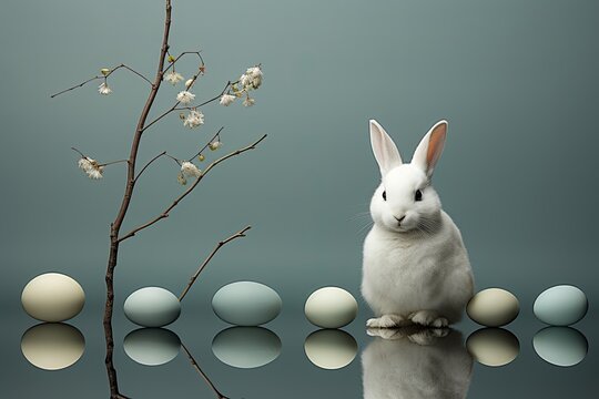 Easter bunny with eggs and a budding branch on an abstract background.