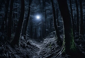 Abyssal Ascent: Japan's Aokigahara Forest Under Moonlight.