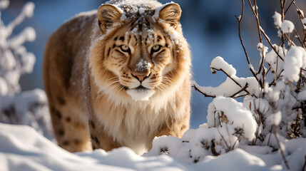 A liger, with a snow-covered landscape as the background, during a brisk winter day