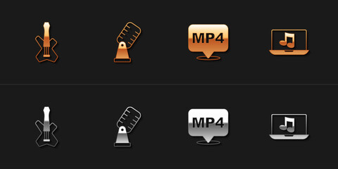 Set Electric bass guitar, Microphone, MP4 file document and Laptop with music icon. Vector