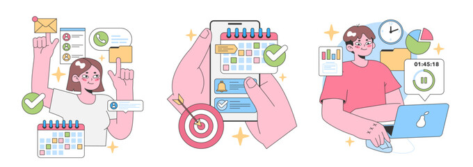 Productivity set. Woman multitasking with efficiency. Managing emails, hitting targets, scheduling, and digital work. Time management mastery. Analyzing data charts. Flat vector illustration.