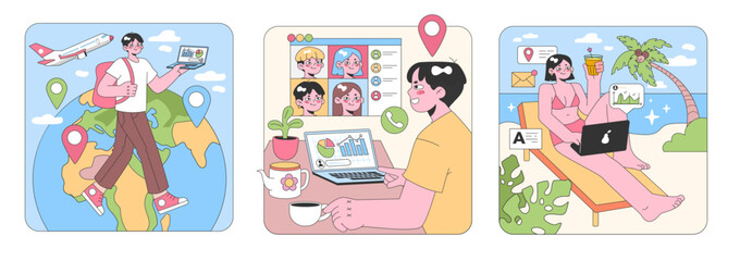 Digital Nomad set. Exploring the world with tech. Virtual team meetups, global connectivity. Relaxed work from beach, travel while working. Flat vector illustration