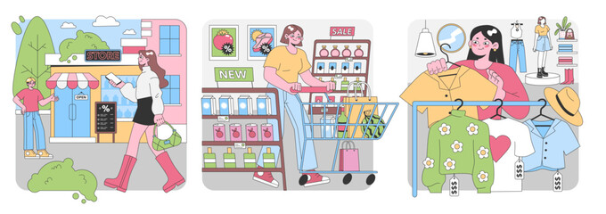 Shopping spree set. Urban store entrance, new product launch, in-store promotions. Customers exploring sales, trying outfits, grabbing deals. Fashion-forward woman fitting. Flat vector illustration.