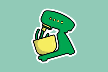 Floating Stand Mixer with Metal Bowl Sticker vector illustration. Home and Restaurant interior equipment icon concept. Electric food stand mixer sticker design logo vector.