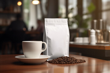 Resealable coffee bag mockup with a cup of coffee in a cozy café or restaurant - obrazy, fototapety, plakaty