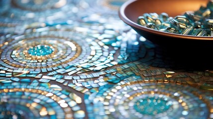  a bowl of glass shards sitting on top of a blue and gold mosaic tile table with a bowl of glass shards sitting on top of a blue and gold mosaic tile.
