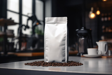 Coffee Bag Packaging Mockup with coffee machine in Café Setting