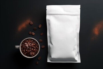 Resealable coffee bag mockup with coffee beans in a cup on dark background