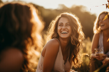 GENERATIVE AI: Golden Laughter - Candid Photo of Friends Laughing Together with Lens Flare Effect During Golden Hour