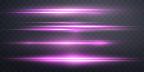 Pink horizontal lensflare. Light flash with rays spotlight. Pink glow flare light effect. Vector illustration. Isolated on dark transparent background. - obrazy, fototapety, plakaty