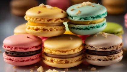 Pastel de macarrones de varios colores de la gastronomía francesa. Fotografía de postres