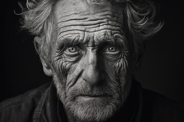 GENERATIVE AI: Time's Gentle Touch - Black and White Portrait of an Elderly Man with Kind Eyes and Wrinkles