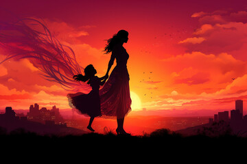 GENERATIVE AI: Embrace at Dusk - Silhouette of a Mother and Daughter Against a Bright Sunset Skyline