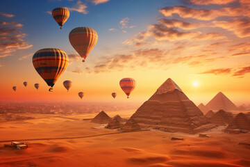 GENERATIVE AI: Soaring Histories - Aerial View of Vivid Hot Air Balloons Over Egyptian Pyramids at Sunset