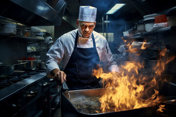 GENERATIVE AI: Culinary Drama - Environmental Portrait of a Chef Cooking in a Busy Commercial Kitchen with Dramatic Lighting