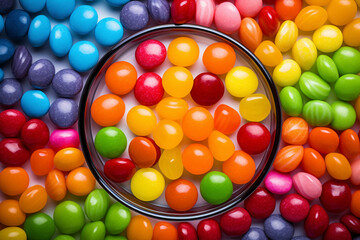 GENERATIVE AI: Sweet Spectrum - High Angle Overhead Shot of Colorful Candy Spill Arranged in Rainbow Order
