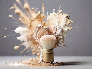 Makeup brush and powder splashes on gray background, closeup