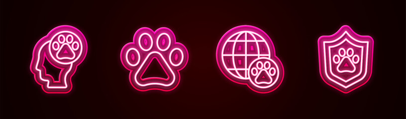 Set line Human with animals footprint, Paw, World pet and Animal health insurance. Glowing neon icon. Vector