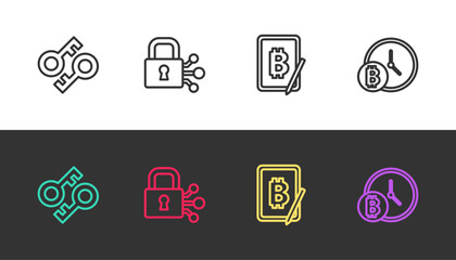 Set line Cryptocurrency key, Lock with bitcoin, Mining from tablet and Bitcoin clock on black and white. Vector