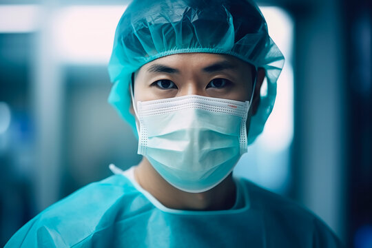 Bright image: Close-up portrait of a dedicated Asian male doctor in uniform, wearing a mask and medical cap, ready for duty.

