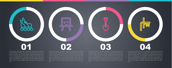 Set line Roller skate, Chalkboard, Shovel toy and Basketball backboard. Business infographic template. Vector