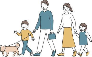 犬の散歩をする4人家族