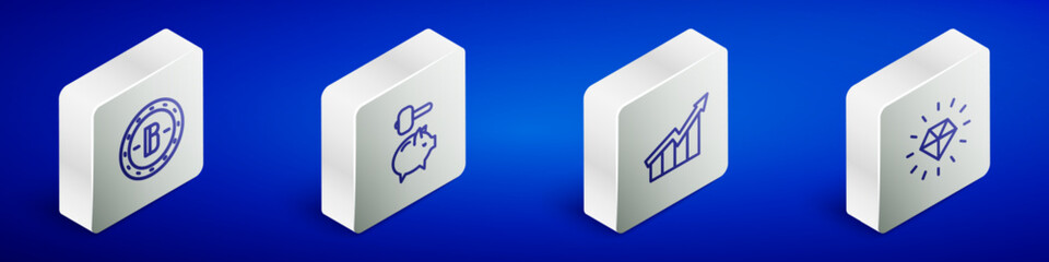 Set Isometric line Bitcoin, Piggy bank and hammer, Financial growth increase and Diamond icon. Vector
