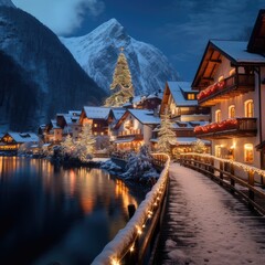 Naklejka premium A Joyful Christmas in the Mountain Village, generative AI